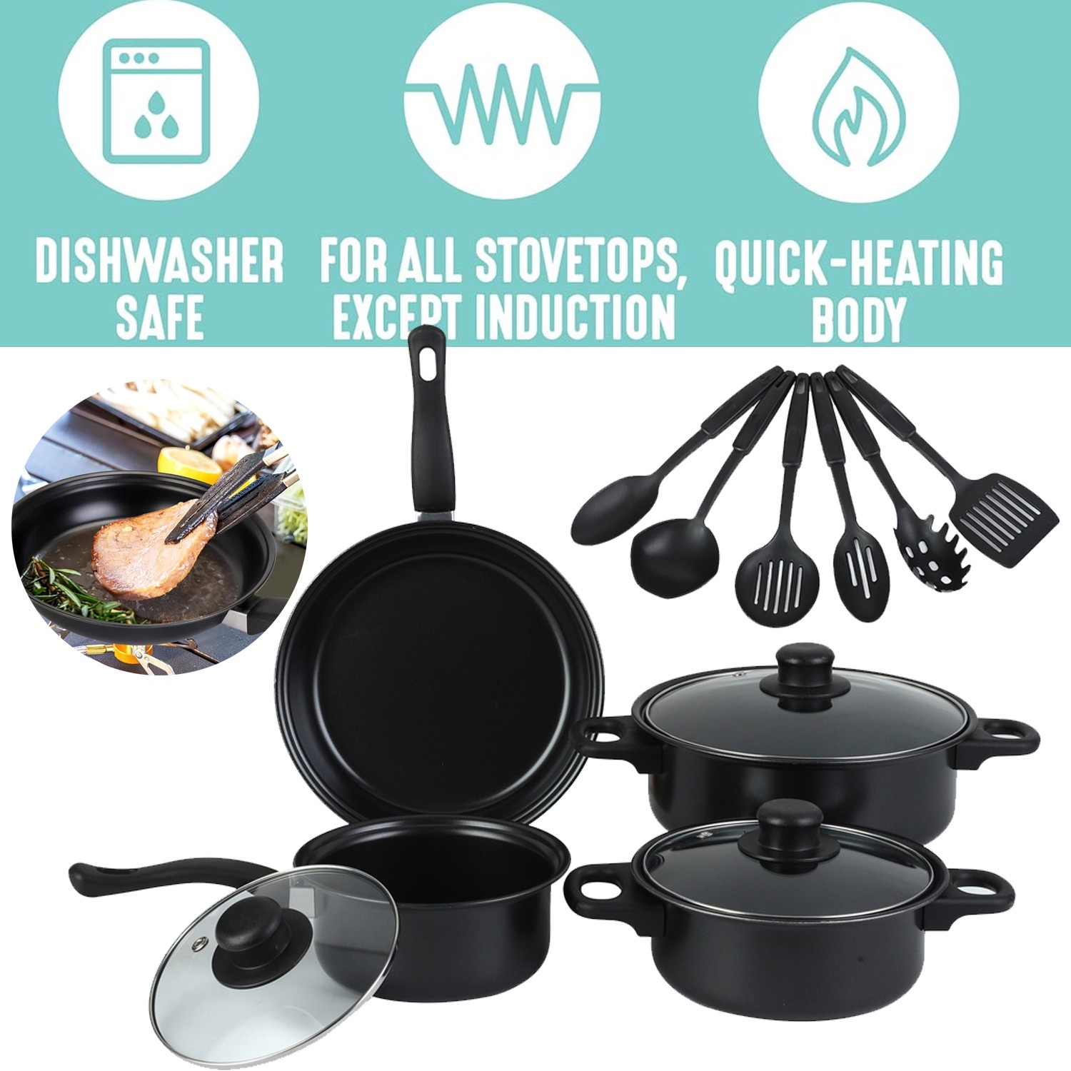13 Piece Cookware Set Non-Toxic Pots Frying Glass Lids Kitchen Cooking Utensils