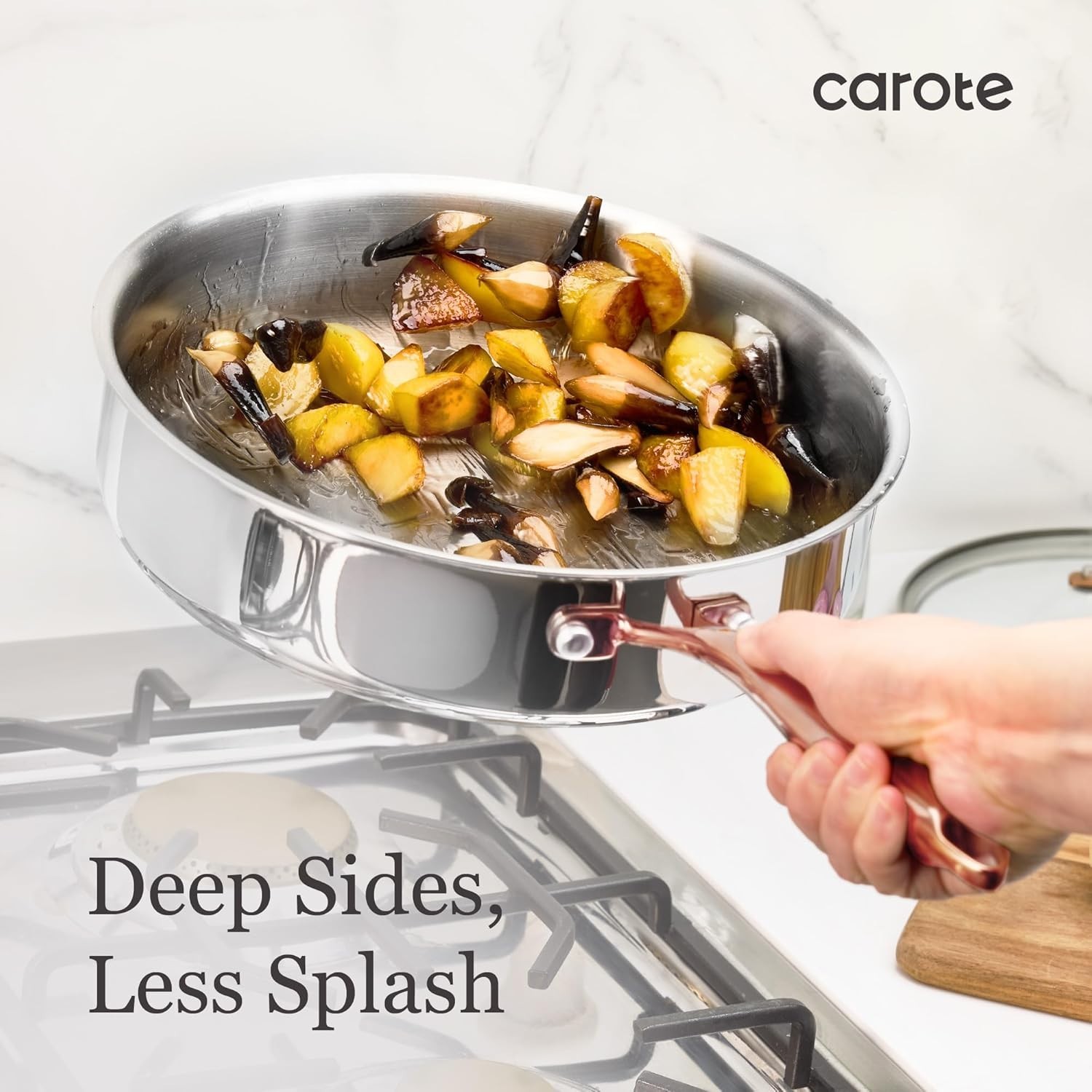 10″ Tri-Ply Stainless Steel Deep Frying Pan with Lid, Non-Toxic Saute Pan, Ov…