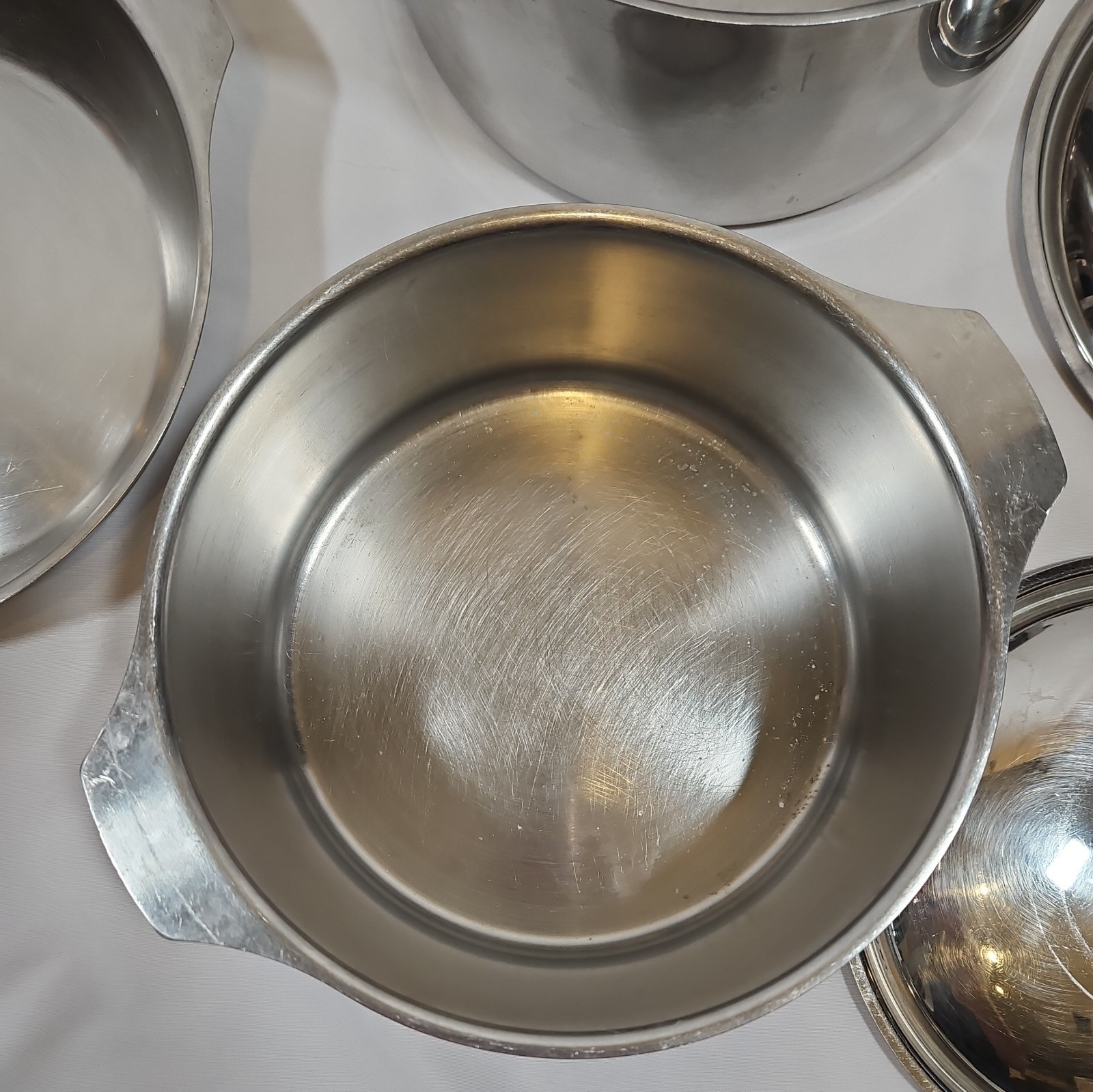 7 pc Letang & Remy Stainless Steel Cookware France Skillet & 3 pans w/3 lids