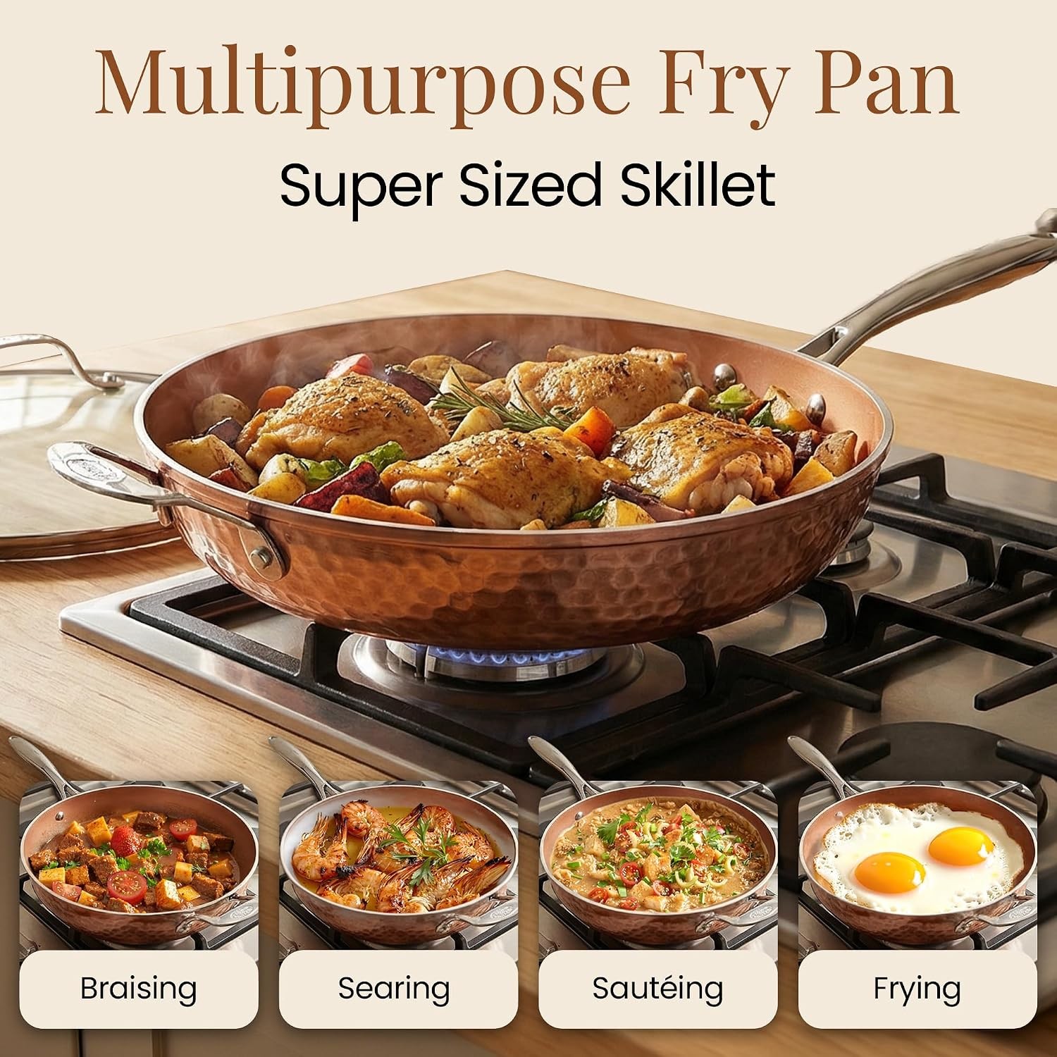 14 Inch Hammered Copper Non Stick Frying Pan With Lid