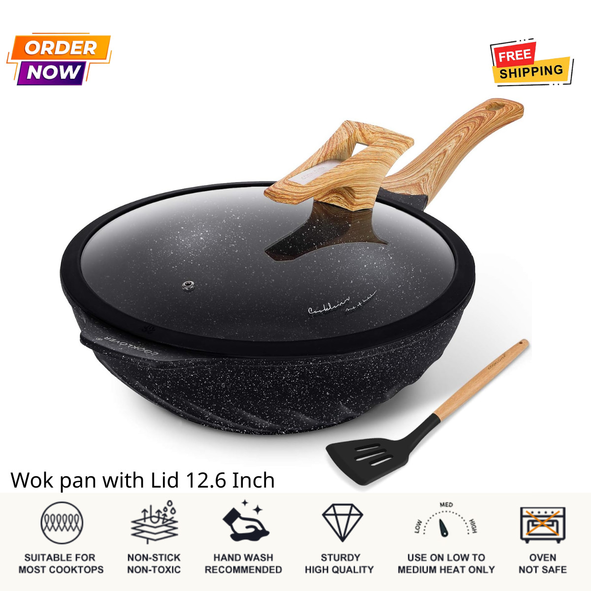 12.6″ Nonstick Wok Pan with Lid Die Cast Aluminum Induction PFOA Free Black
