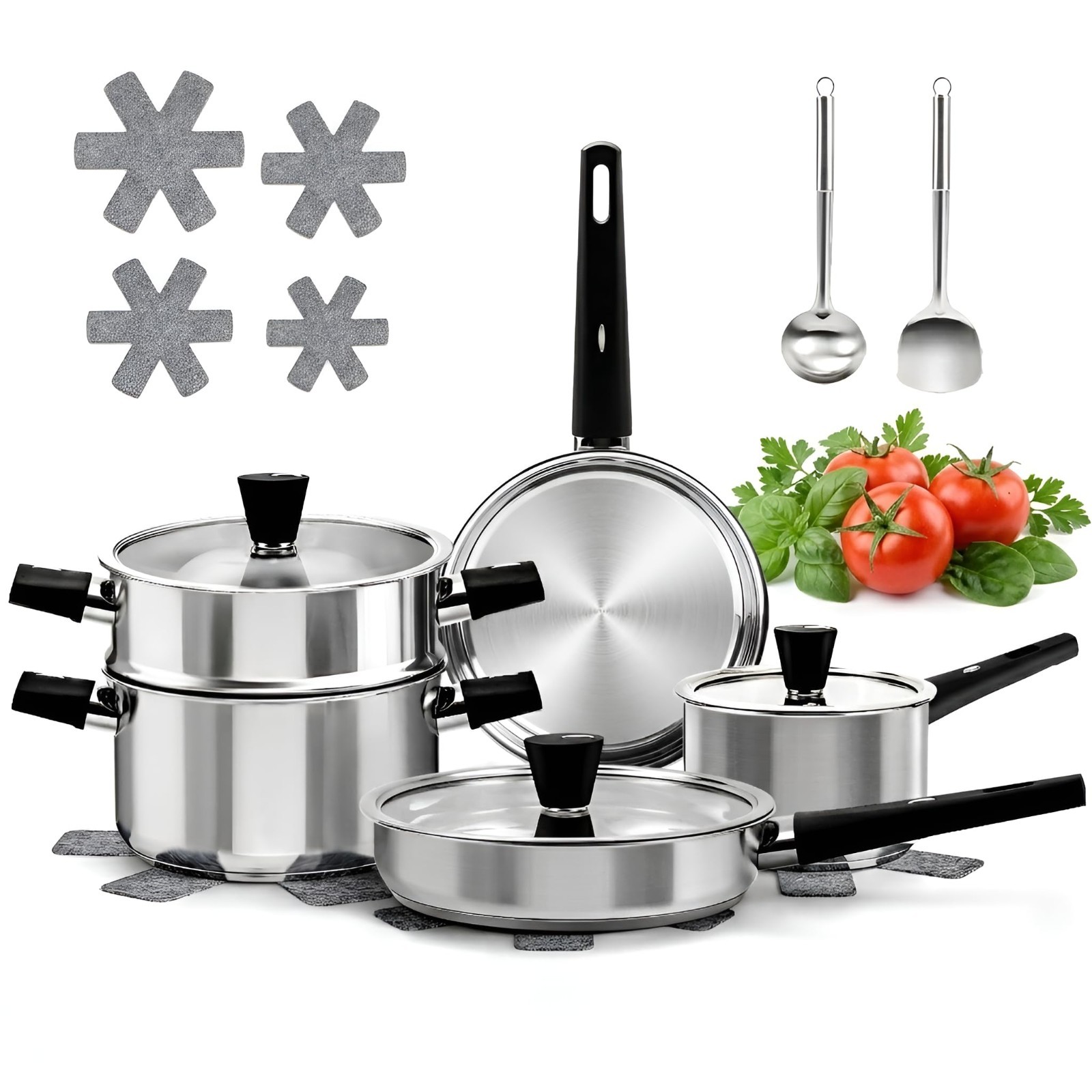 14-Piece Stainless Steel Cookware Set for Induction – Non-Toxic Pots, Glass Lids