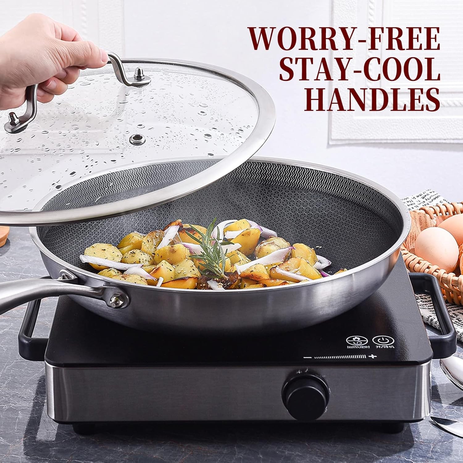 12-Inch Hybrid Stainless Steel Sauté Pan Skillet Non-stick Frying Pan with Lid