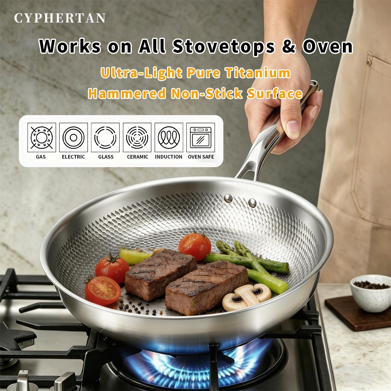 11″ Titanium Frying Pan with Lid – Uncoated Hammered Skillet, Scratch-Resistant,