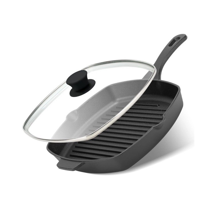 10.5 Inch Pre-Seasoned Cast Iron Square Grill Pan with Tempered Glass Lid