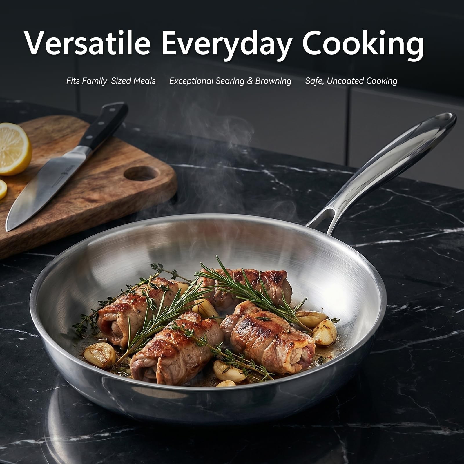 10.2 Inch Stainless Steel Frying Pan, Professional Tri-Ply Uncoated Skillet w…