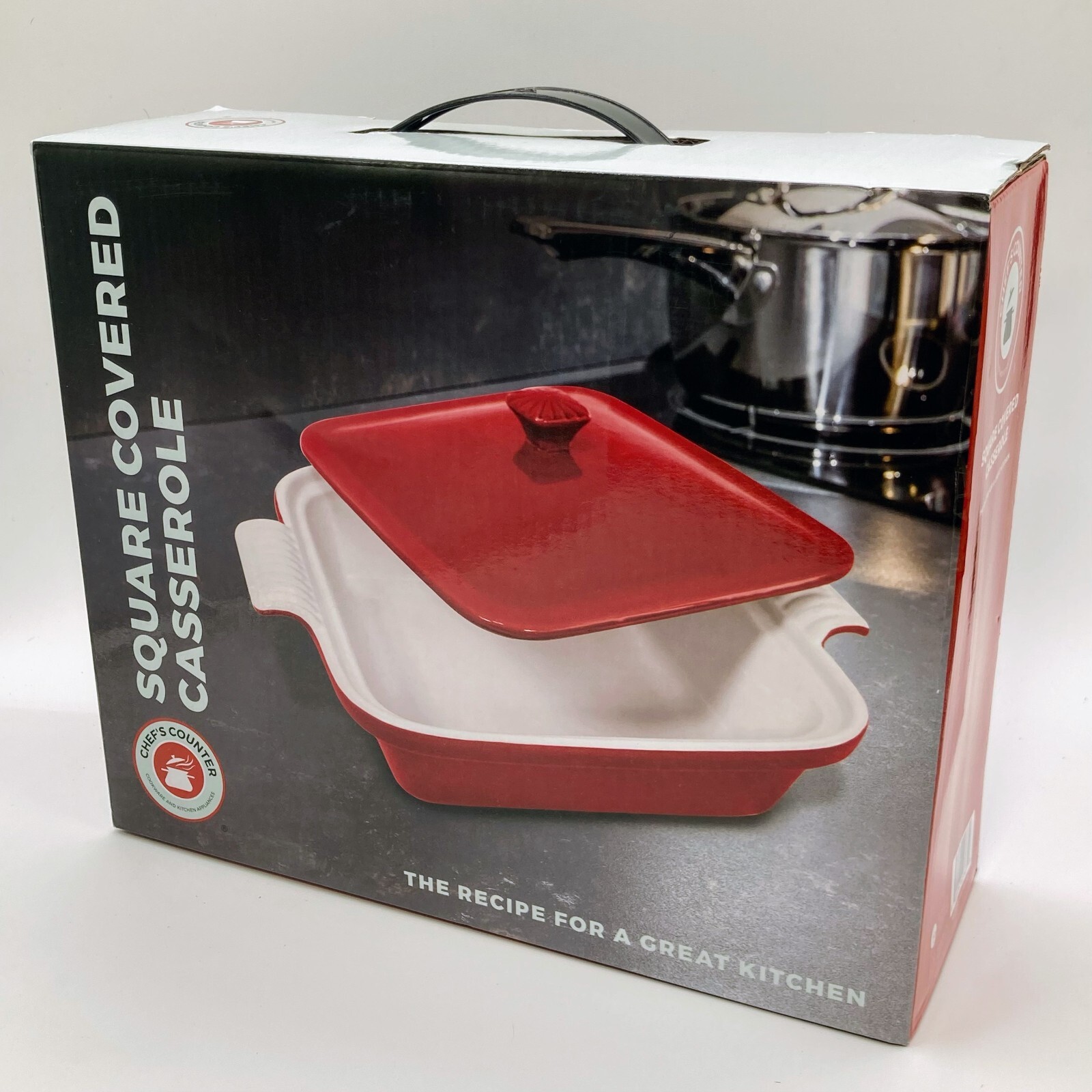 Chef’s Counter Red Stoneware Square Covered Casserole 11x9x3 Dishwash/Microwave