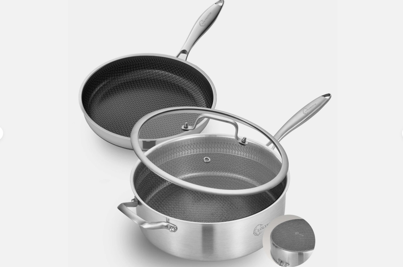 LOLYKITCH 7 QT 12 Inch Ceramic Nonstick Pan Set – Tri-Ply Stainless Steel