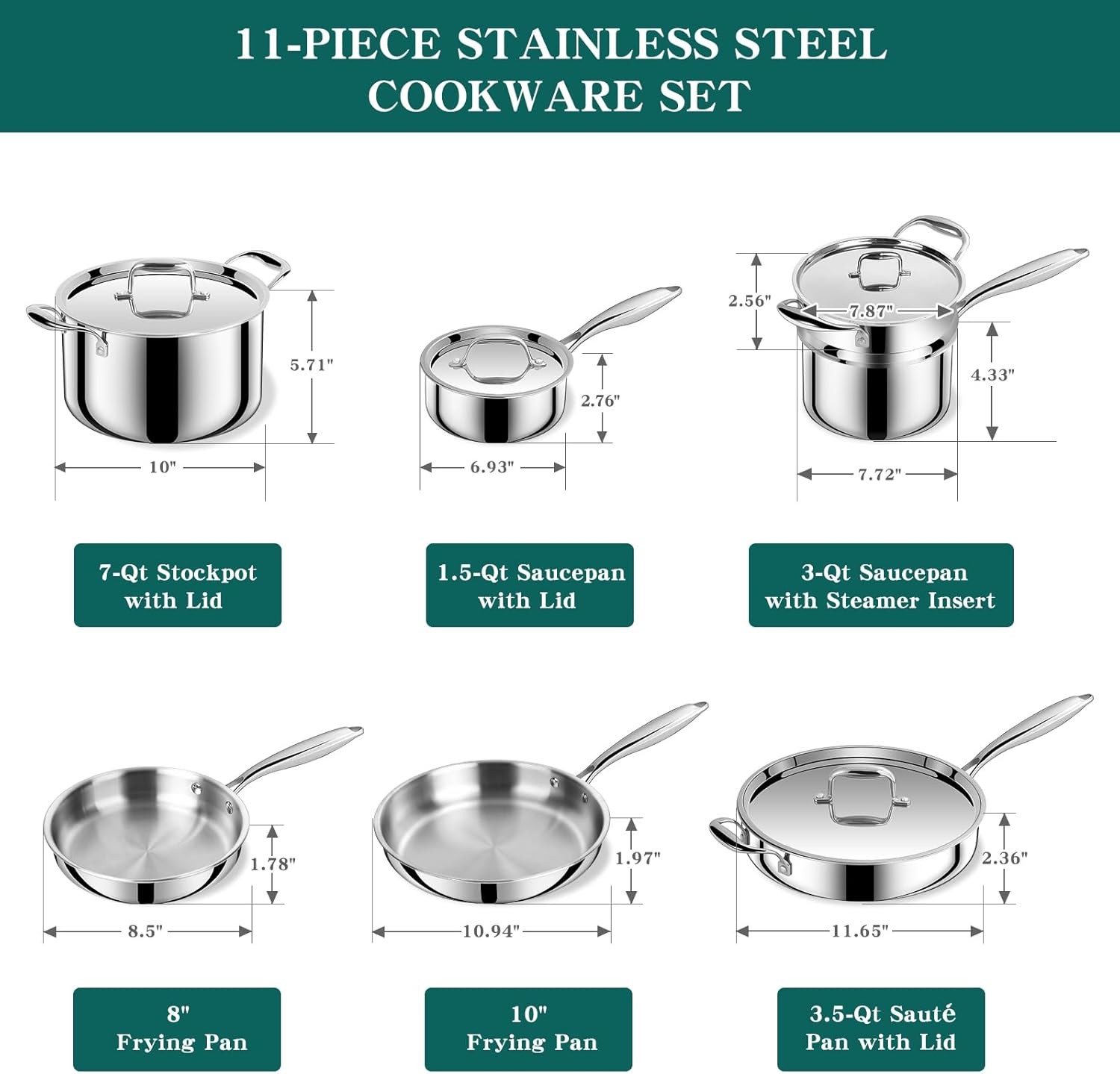 EWFEN 11PC 3-Ply Stainless Steel Cookware Set Induction Oven Safe PFOA Free