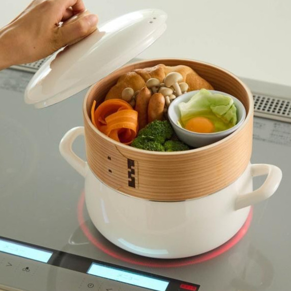 FUJIHORO Enamel Pot with Steamer Insert 7.8in & 7.0in White Greige JAPAN NEW
