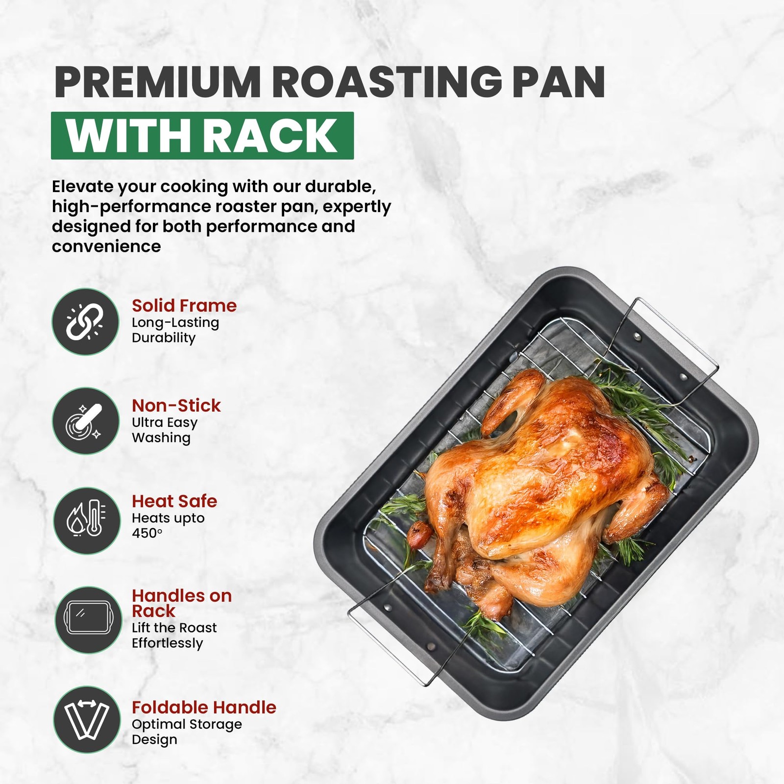 Roasting Pan With Rack 11 x 15 – Non Stick Large Roaster Pan and Flat Rack with