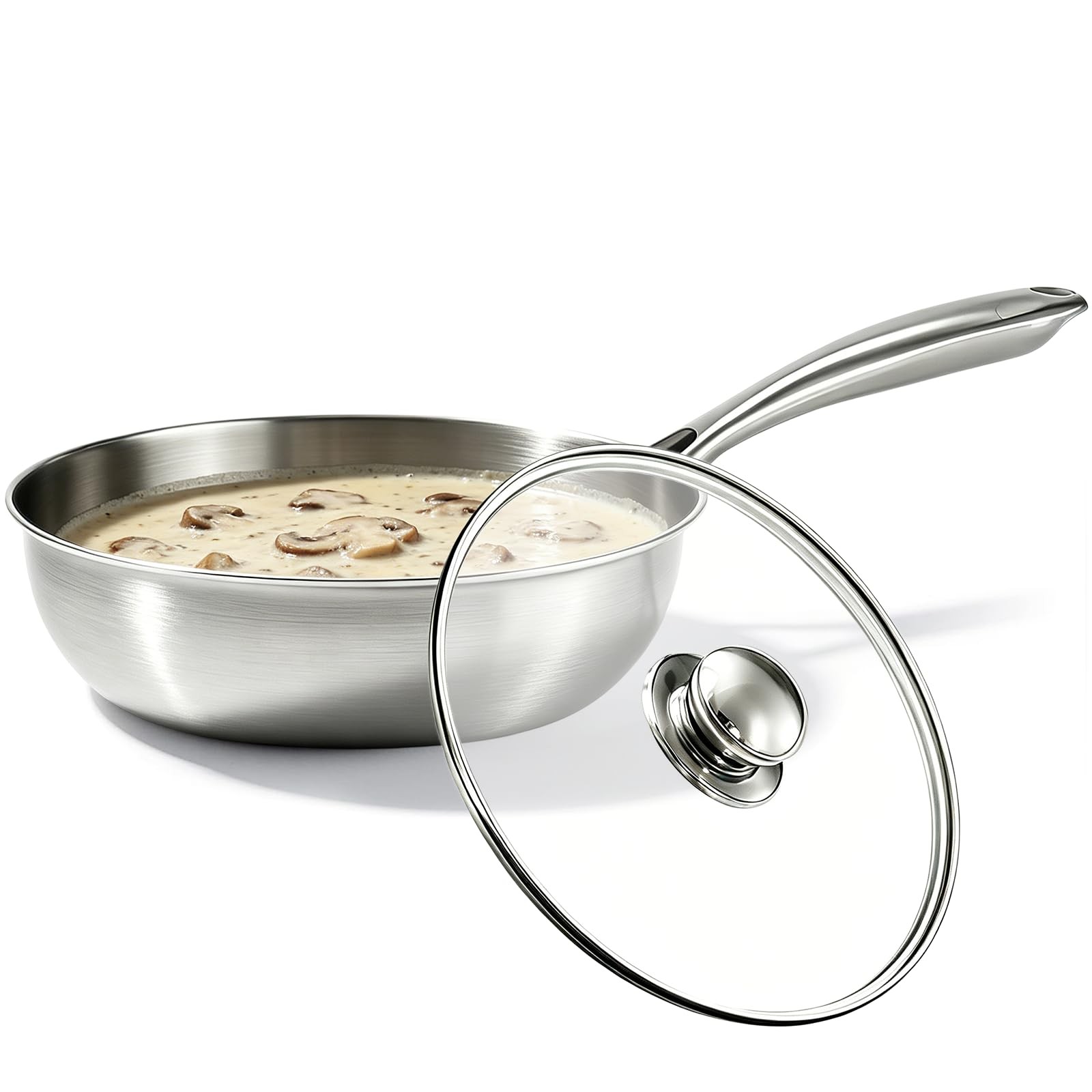 Bigwinyep Stainless Steel Saucier Pan with Lid, 1.3 Quart Saucepan with Lid, …