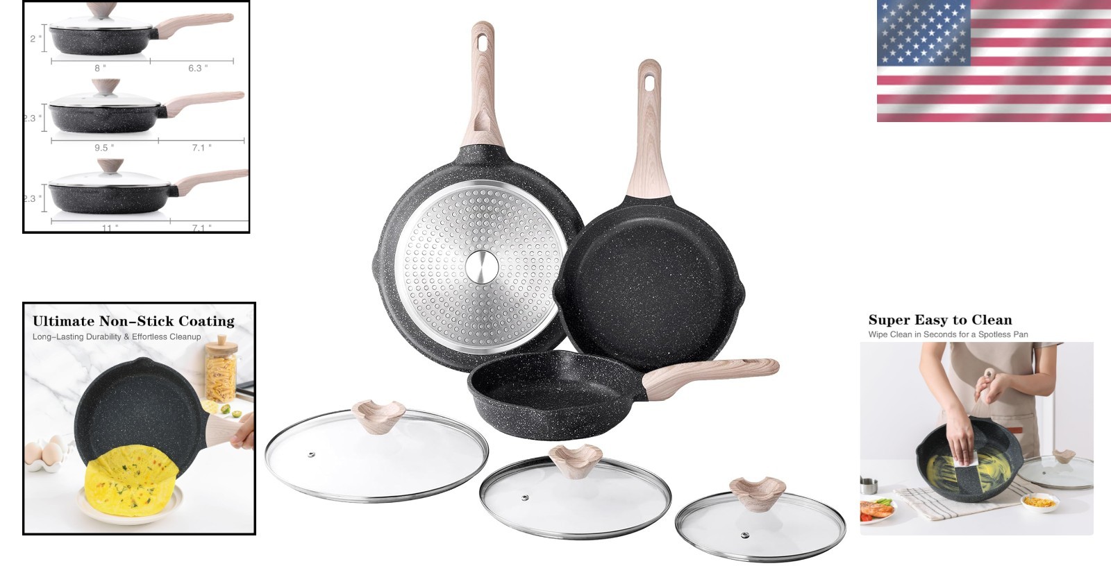 Stay-Cool Nonstick Pan Set with Lids: Healthy Cooking, Collected 8, 9.5, 11 Inch