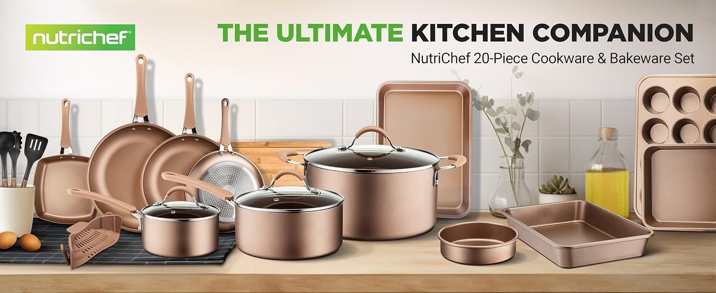 Nutrichef 20 Piece Professional Home Kitchen Cookware and Bakeware, Pots and