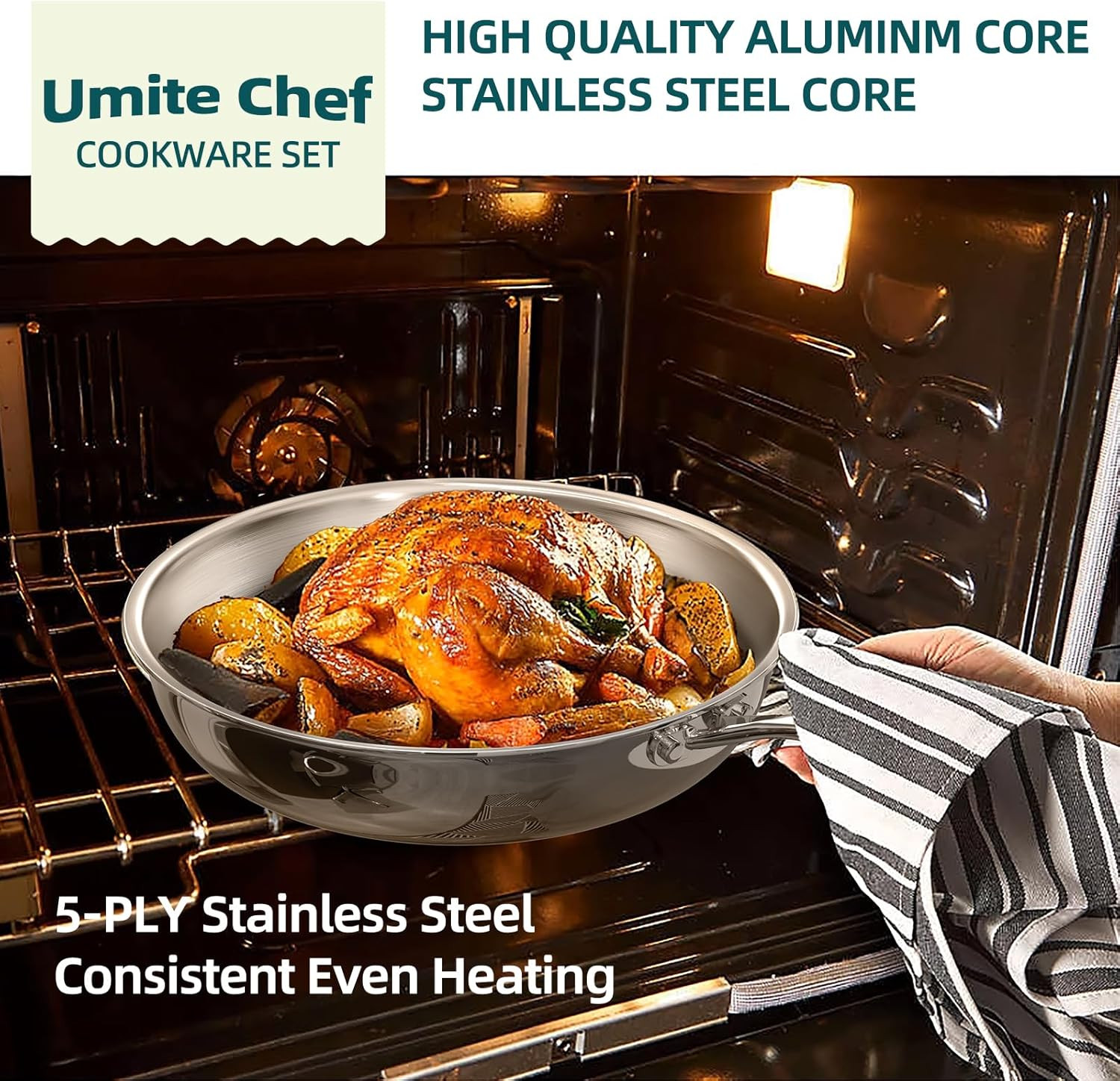 Stainless Steel Cookware Set, 5 Ply 14 Piece Stainless Steel Pot and Pan Set-Ind