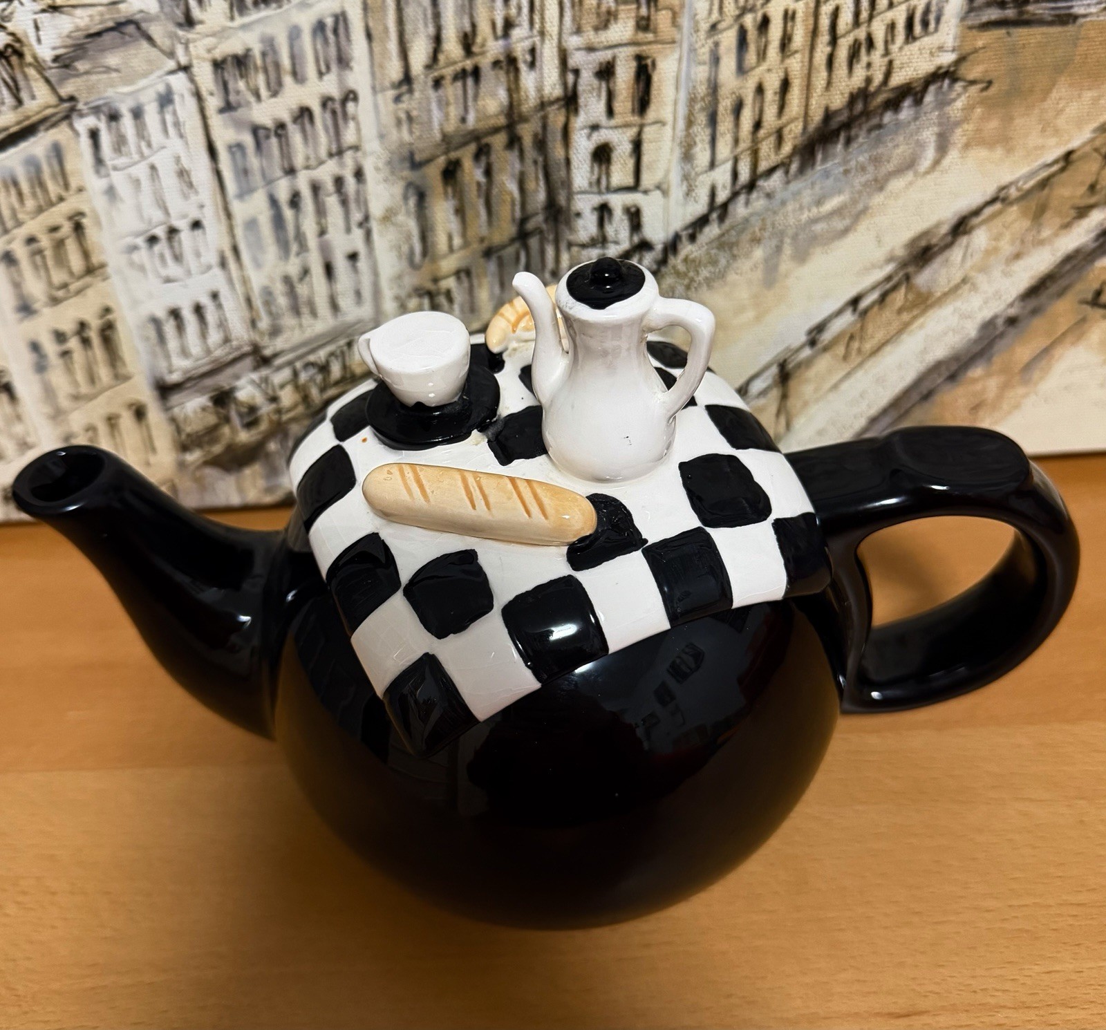 Vintage Black Teapot Checkerboard Estia Gourmet 32 oz. New Without Box.