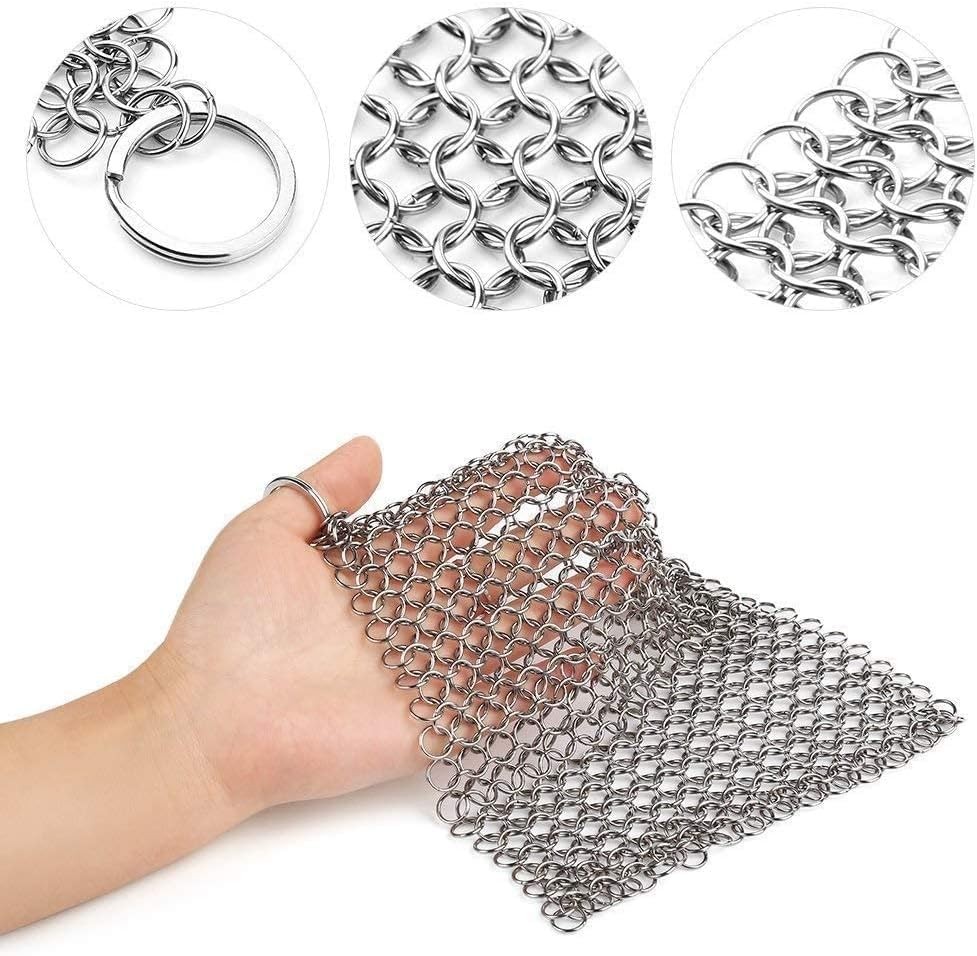 8″x6″ Cast Iron Scrubber Stainless Steel Chainmail Cleaner for Pre-Seasoned Pans