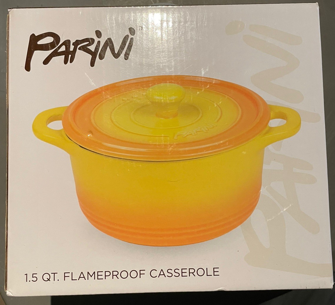 New in Box PARINI 1.5 QT Flameproof Casserole Dish Yellow