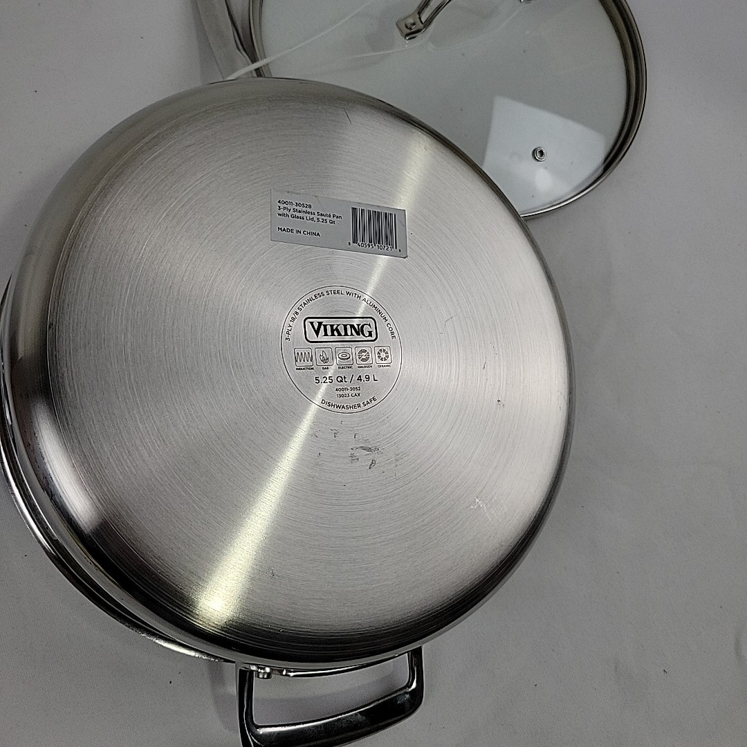 Viking 3-Ply Stainless Steel Saute Pan Mirror Finish With Glass Lid 5.25 Qt NWT