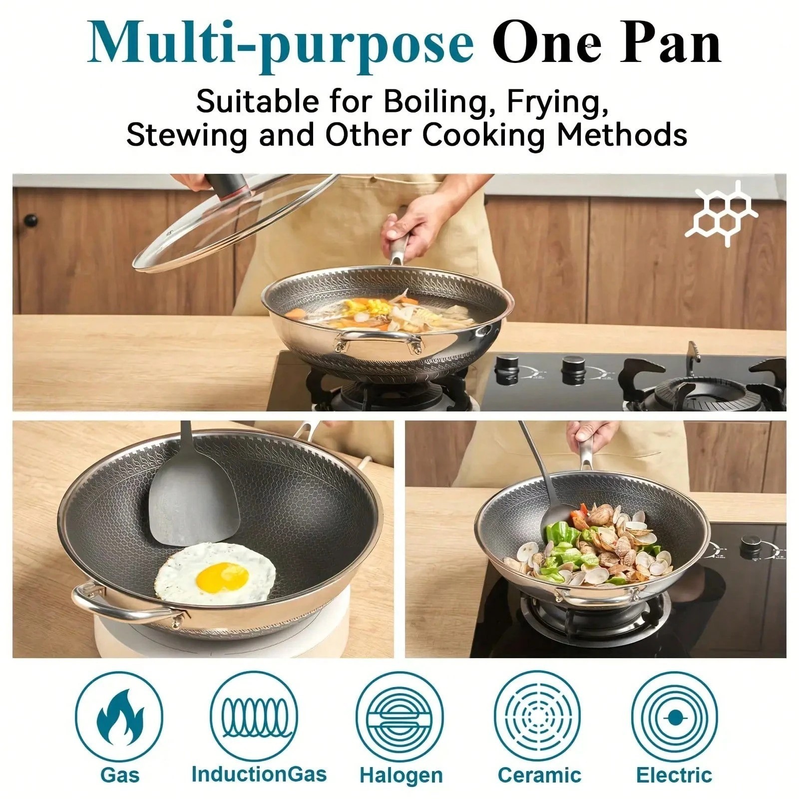 13.3″ Honeycomb Stainless Steel Wok Pan With Lid Scratch Resistant Induction