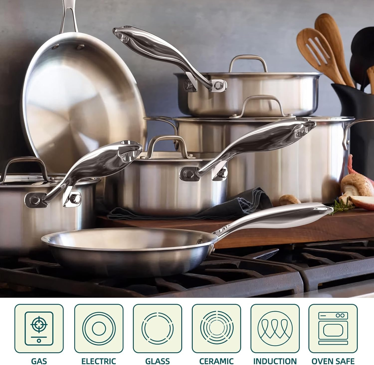 Stainless Steel Cookware Set, 5 Ply 14 Piece Stainless Steel Pot and Pan Set-Ind