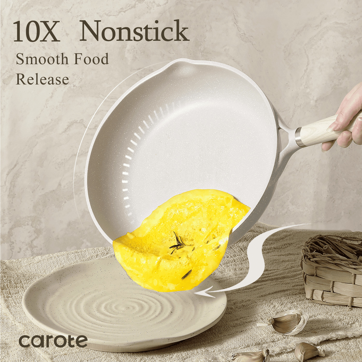 HOT SALES-CAROTE 24 Pcs Granite Nonstick Cookware Set Pots Pans Beige Detachable