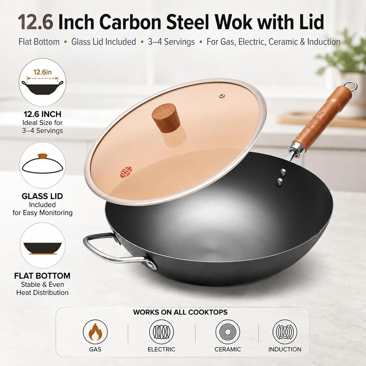 Carbon Steel Wok with Lid, 12.6 Inch Flat Bottom Wok Pan, Uncoated Stir Fry Pan
