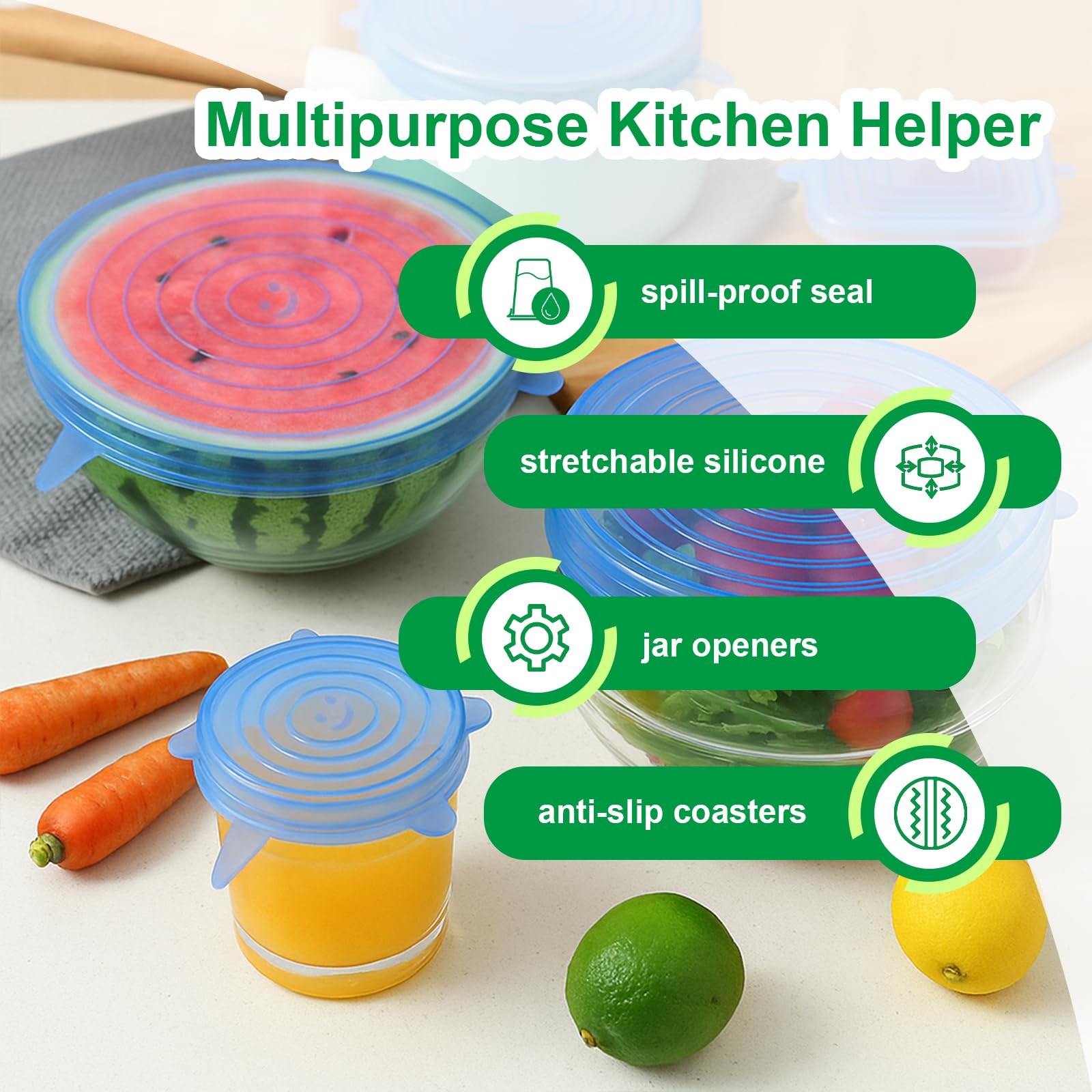 Silicone Stretch Lids – 6 Pack Reusable Food Covers,Flexible Silicone for Bow…