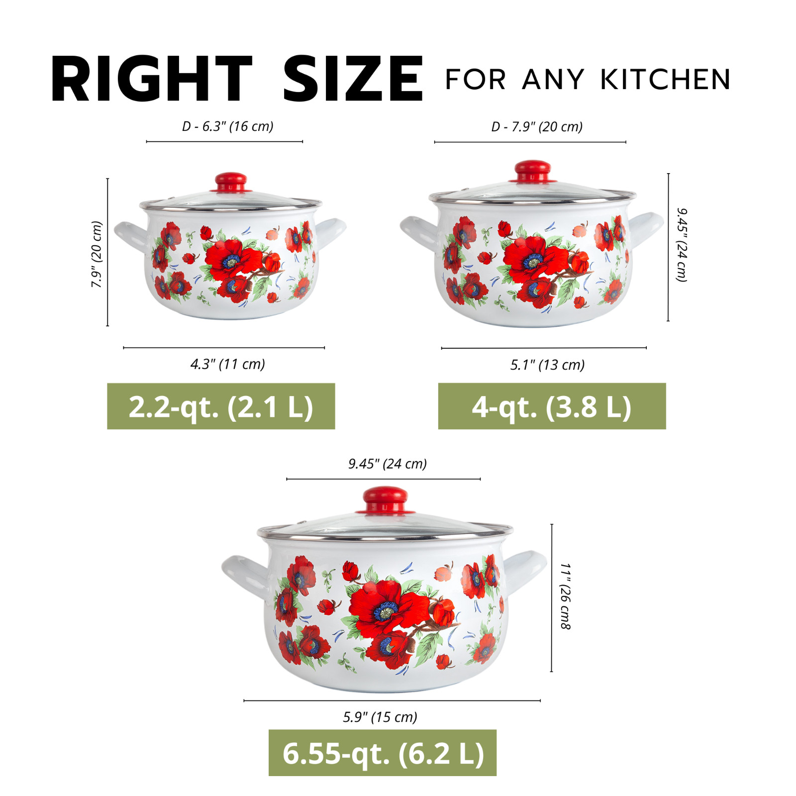 3 pc POPPY Enamel Stockpot Set Cooking Pot Set Enamel Casserole 2-qt 4-qt 6.5-qt