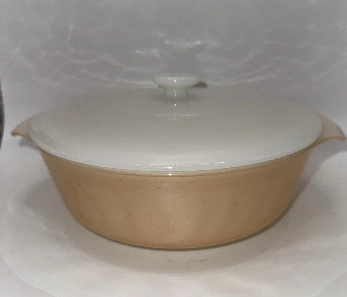 Fire-King Peach Lustre 2 Qt Casserole Dish w Lid Anchor Hocking USA