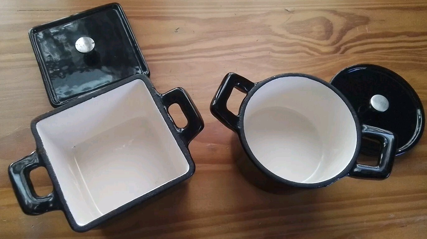 Rare Technique 4 Piece Mini Black Enameled Cast Iron Cooking Pots No Box