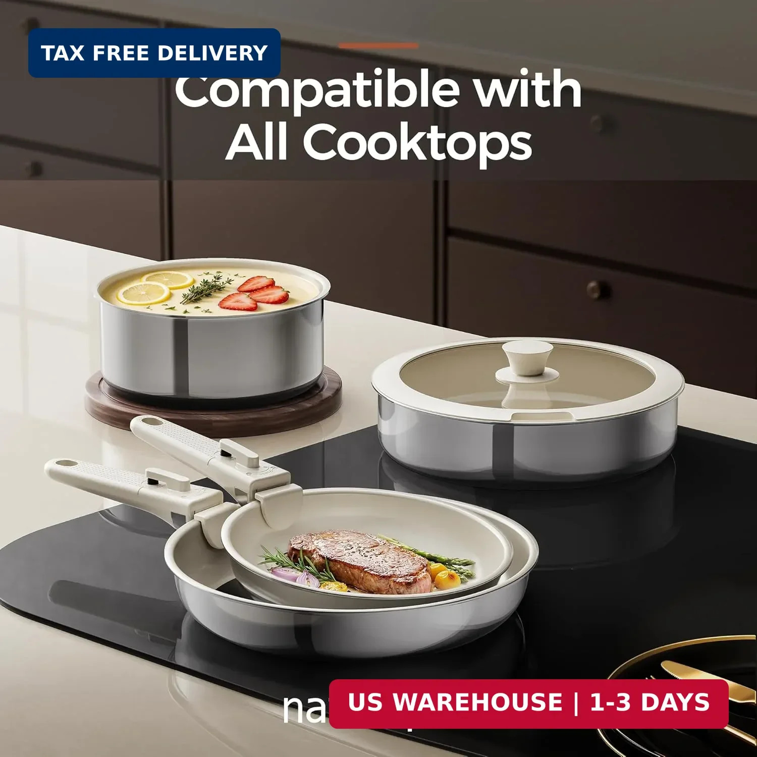 5PCS Pots and Pans Set Non Stick, Diamond-Titanium Ceramic Cookware Set & 3 Laye