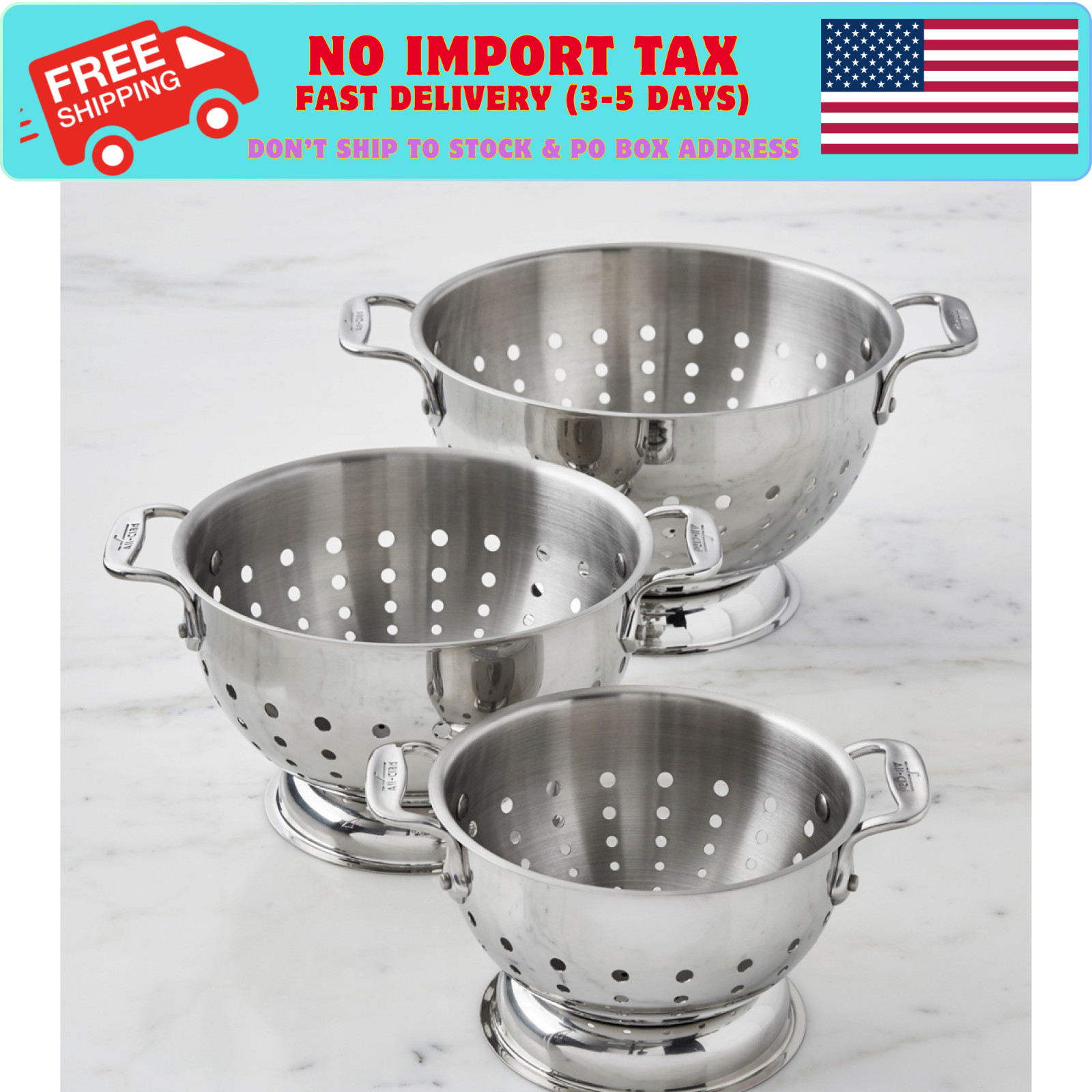 NEW. All-Clad Stainless-Steel Colanders, Set of 3