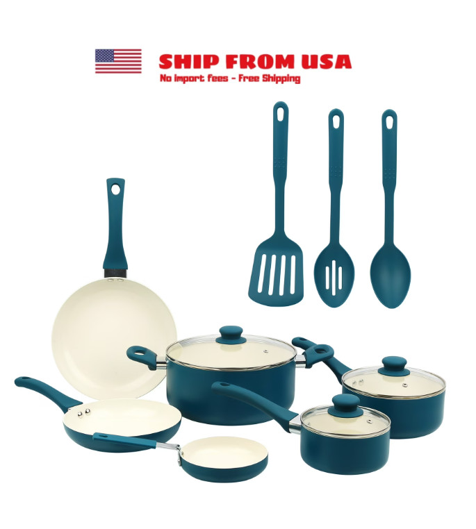 Mainstays 12 Piece Ceramic Nonstick Aluminum Pots and Pans Cookware Set, Blue