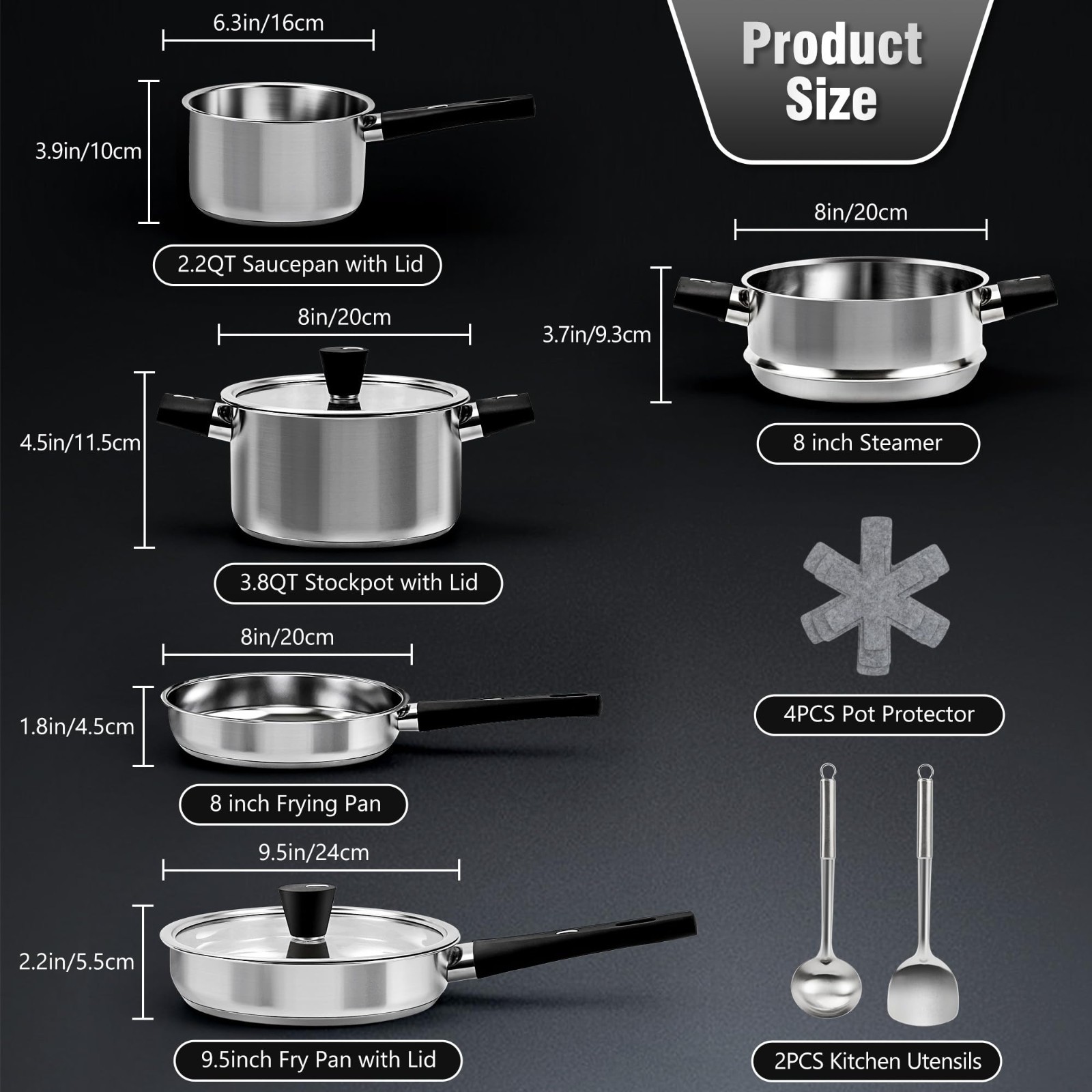 14-Piece Stainless Steel Cookware Set, Non-Toxic Pots & Pans, Dishwasher Safe, S