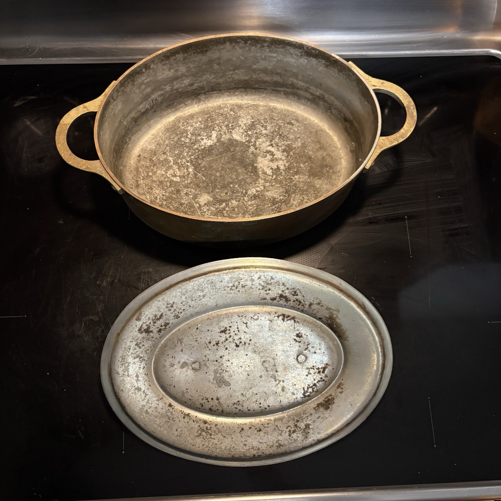 RARE 8lb Metaux Ouvres-Vesoul Copper Dutch Oven w Lid Heavy Cast Brass Handles