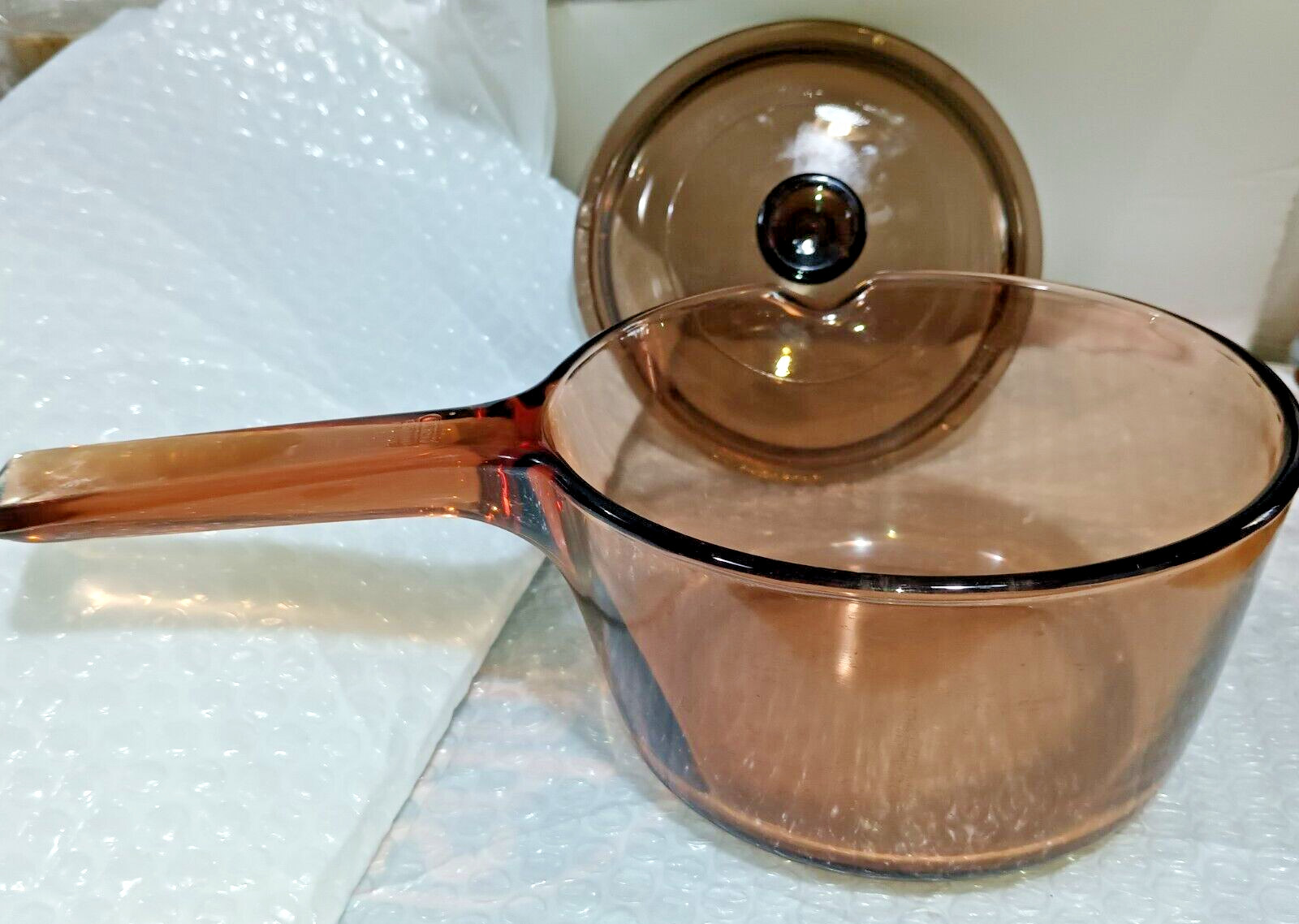 CORNING VISION Amber Glass 1 L Saucepan w Pour Spout & PYREX Lid, Made in FRANCE