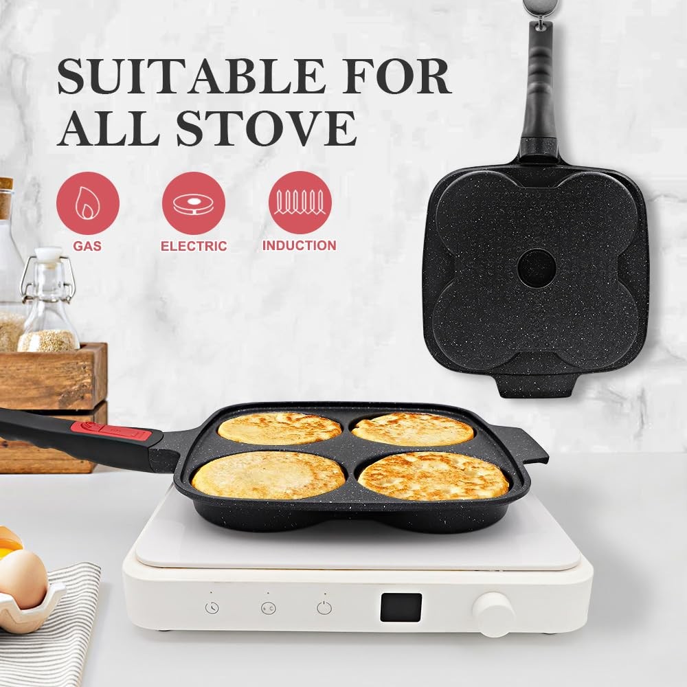 10 inch Large Egg Pan with Lid, 4-Cup Pancake Pan Nonstick Omelette Skillet w…