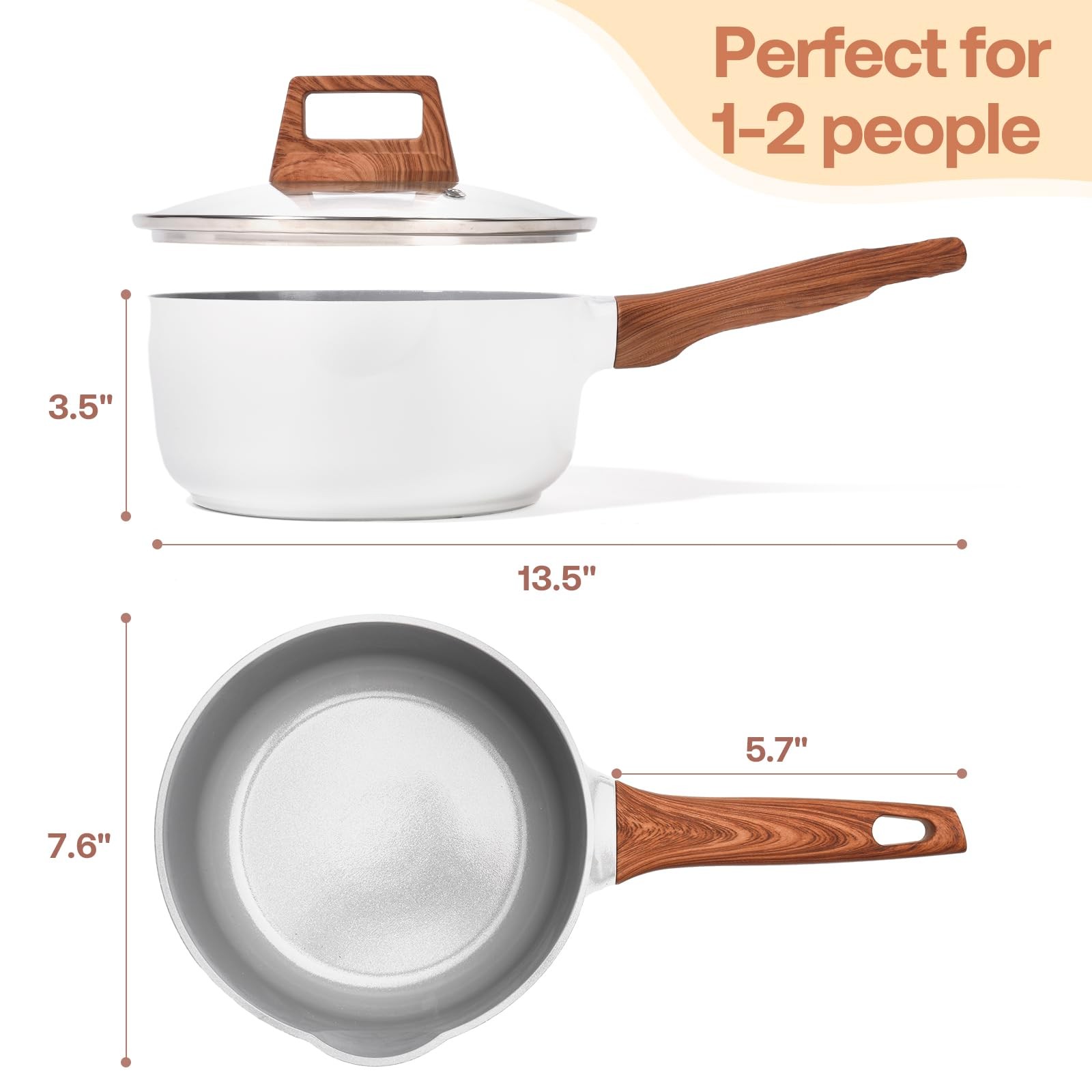 2 Quart Ceramic Sauce Pan with Lid Nonstick Saucepot Induction Safe