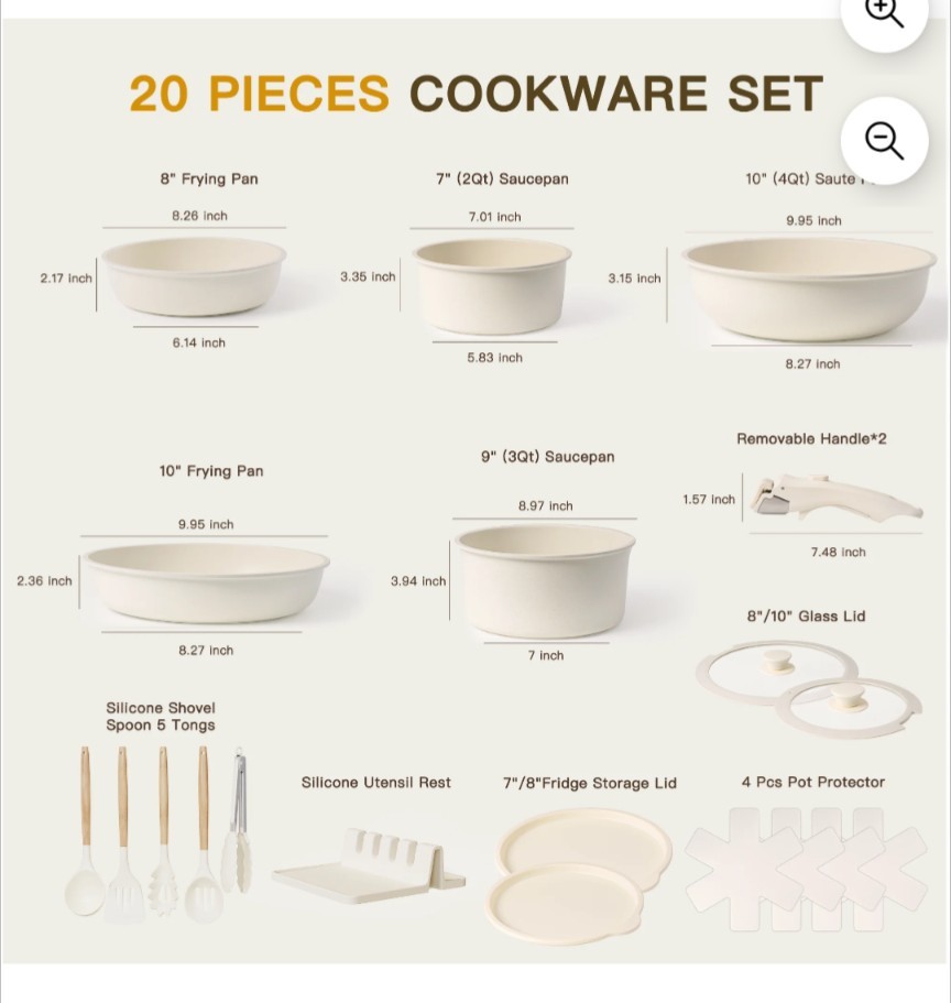 Astercook 20 Piece Cookware Set Non Stick Detachable Handles Cream White