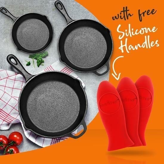 NutriChef 3 Piece Pre-Seasoned Cast Iron Skillet Set 500°F Heat Resistant