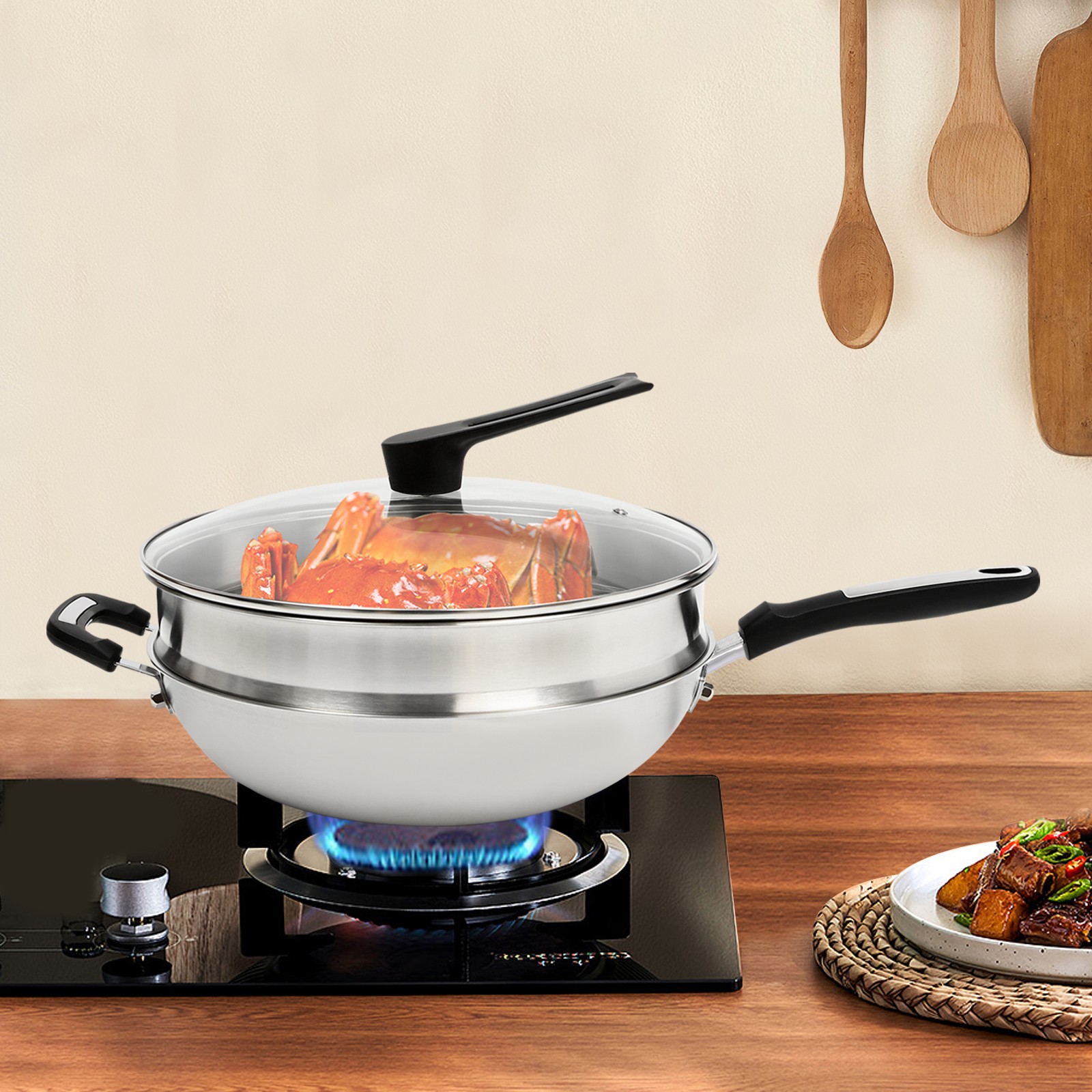 Nonstick Cooking Honeycomb Wok Pan w/Lid Steamer Pot Gas Cooktop Stainless Steel