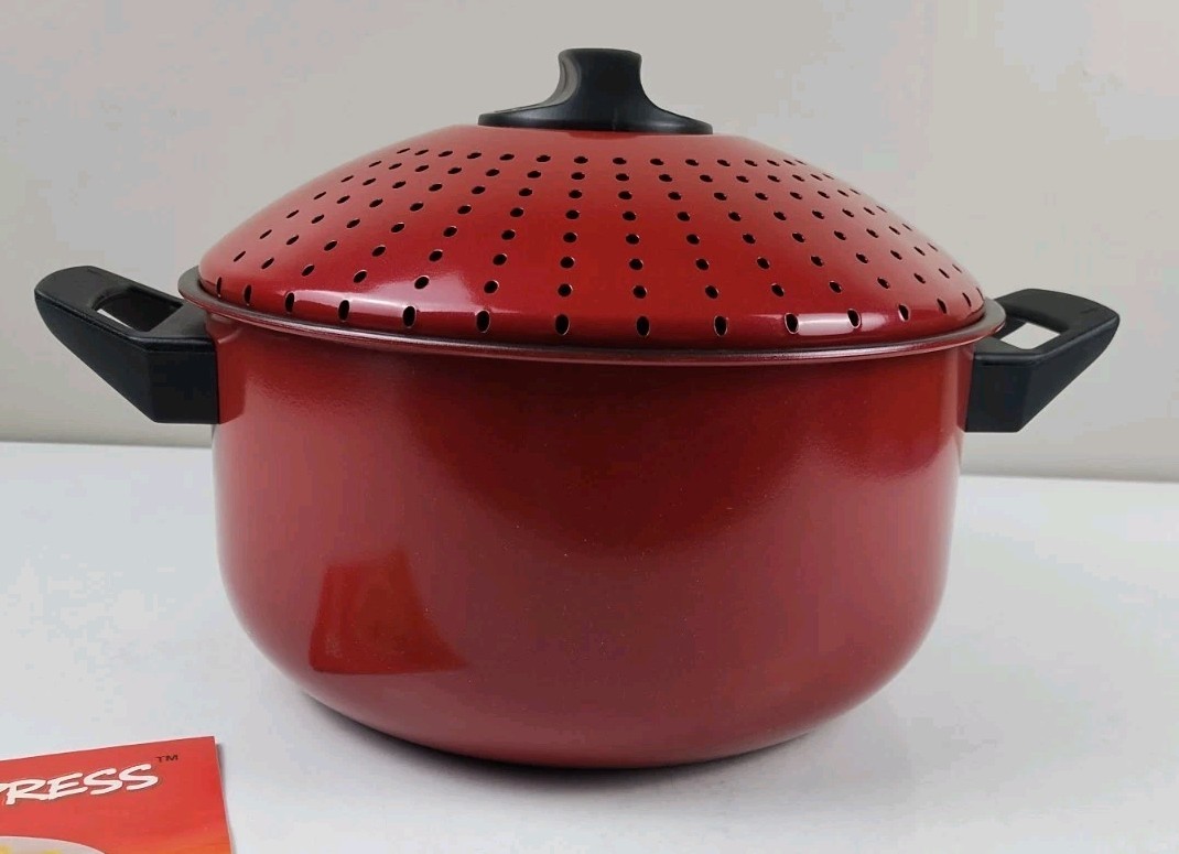 Pasta Express One (1) Red 2 Qt Non-Stick Pasta Pot With Locking Strainer Lid