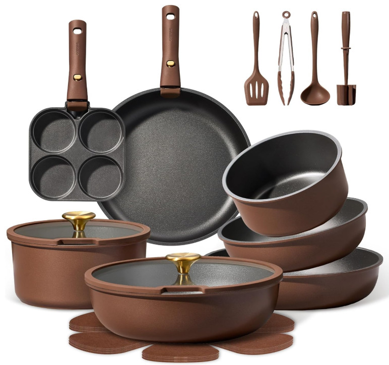 Set 21 piezas ollas y sartenes antiadherentes con mango desmontable, inducción