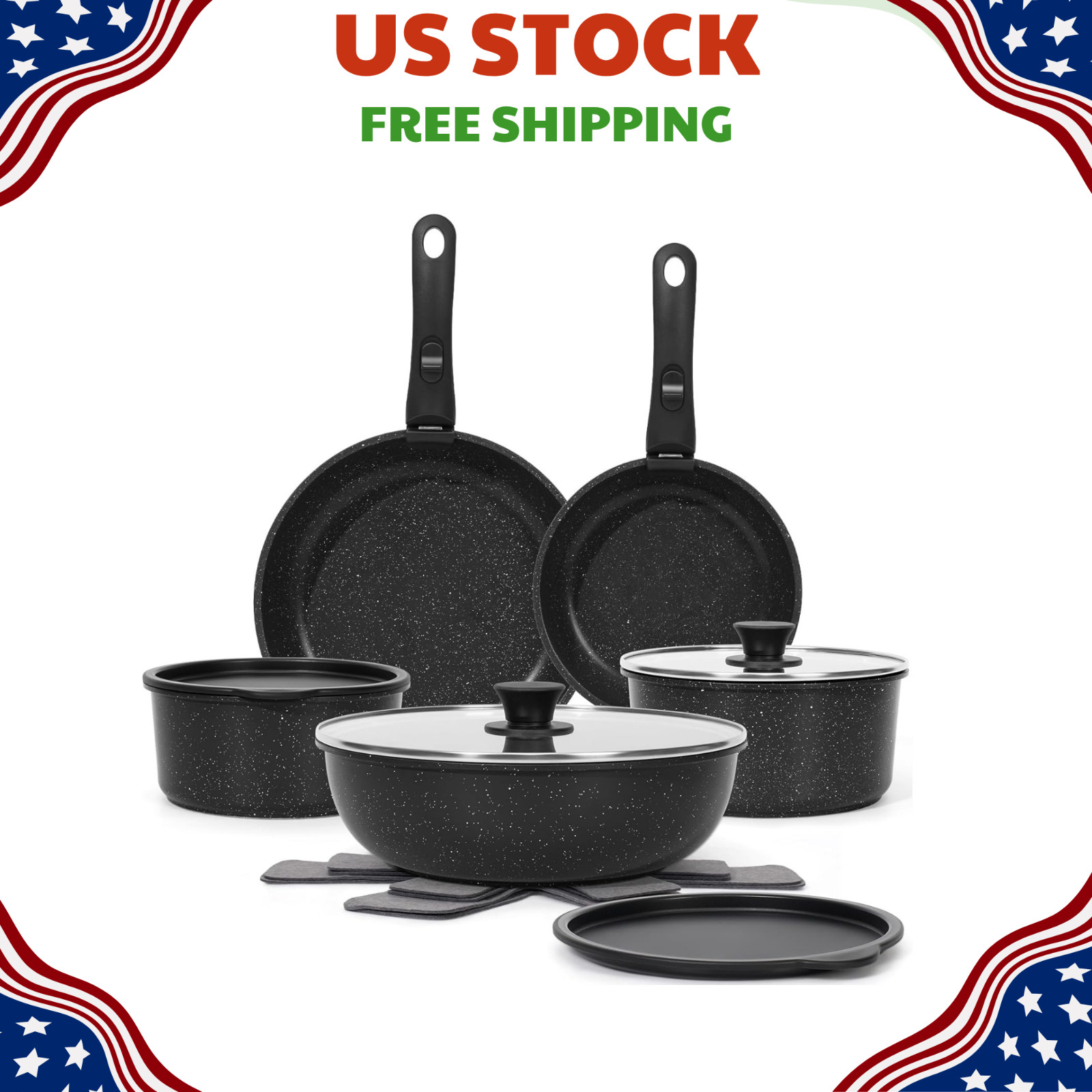 15Pcs Pots and Pans Set Non Stick Detachable Handle Induction Black Aluminum Gra
