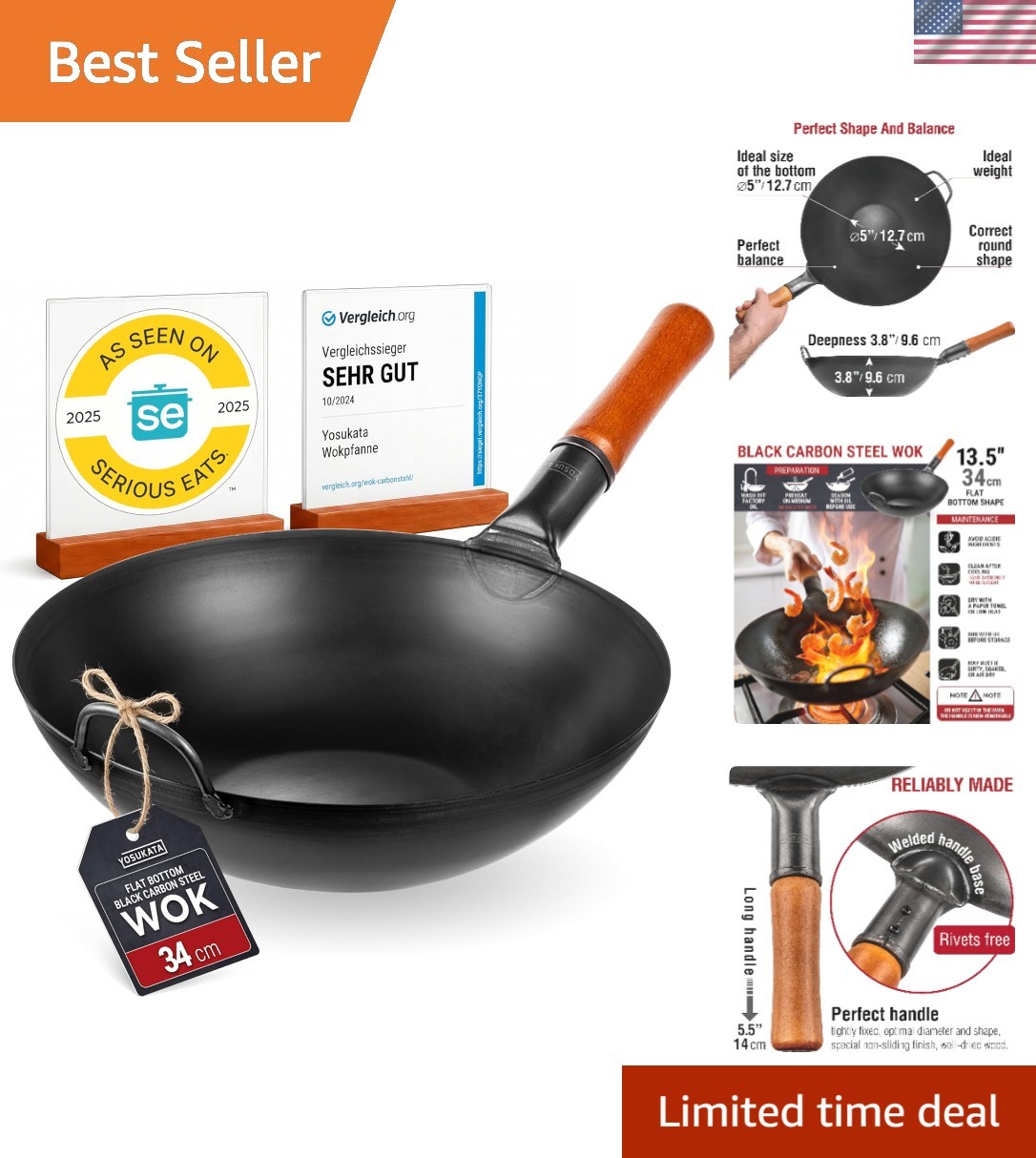Ultimate 13.5″ Carbon Steel Wok – Non-Toxic, Pre-Seasoned for Authentic Flavors