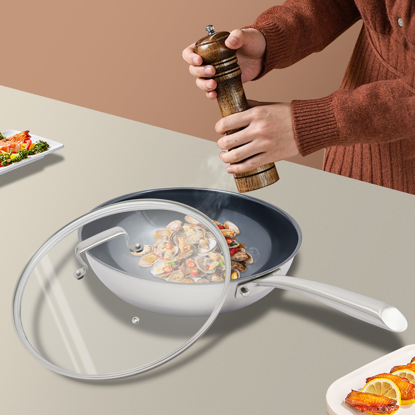 Modern Round 11.8” Wok Surface Blue Diamond Sanding Treatment Frying Pan W/ Lid