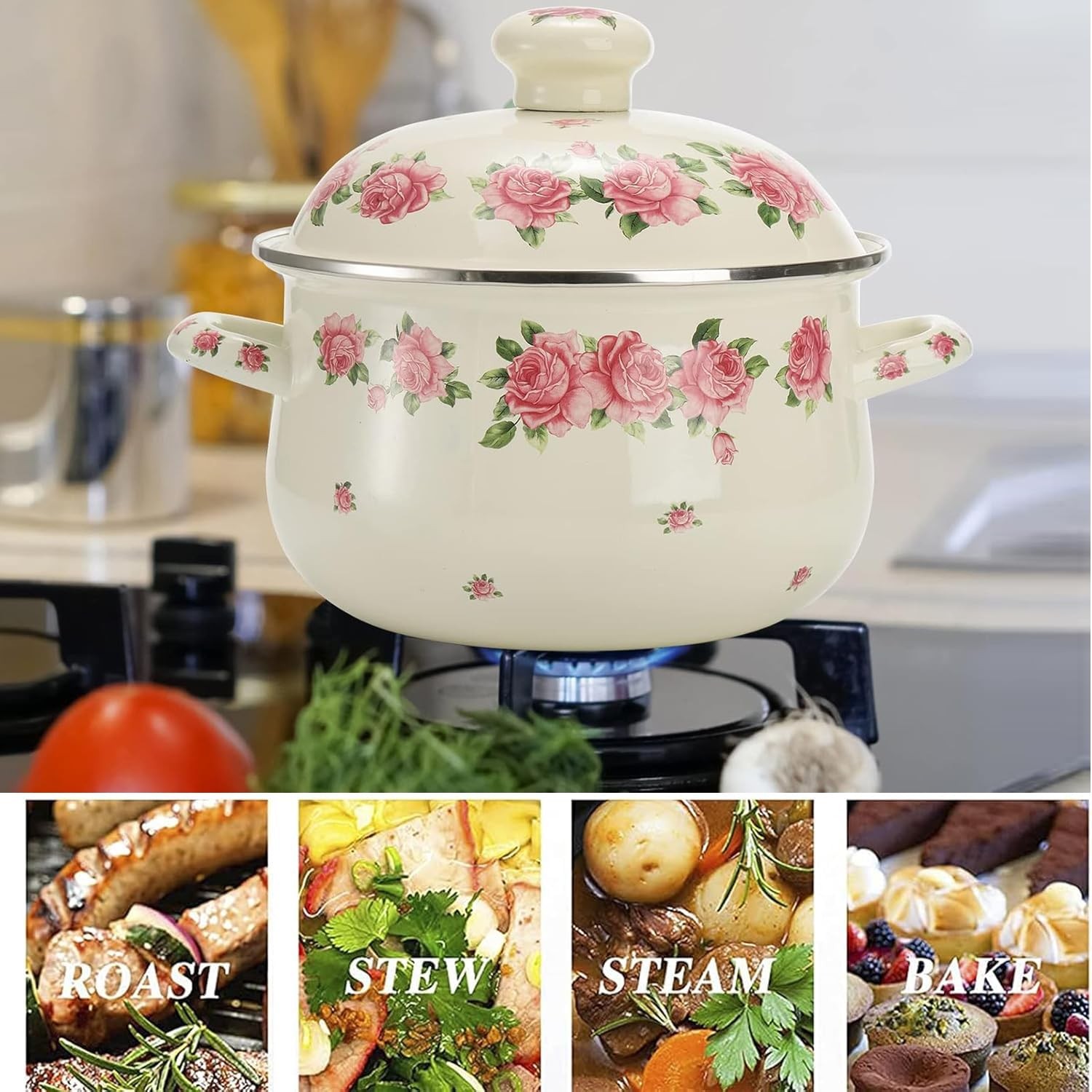 Retro Flower Enamel Stockpot with Lid,Stockpots for Cooking Rose pink -3QT