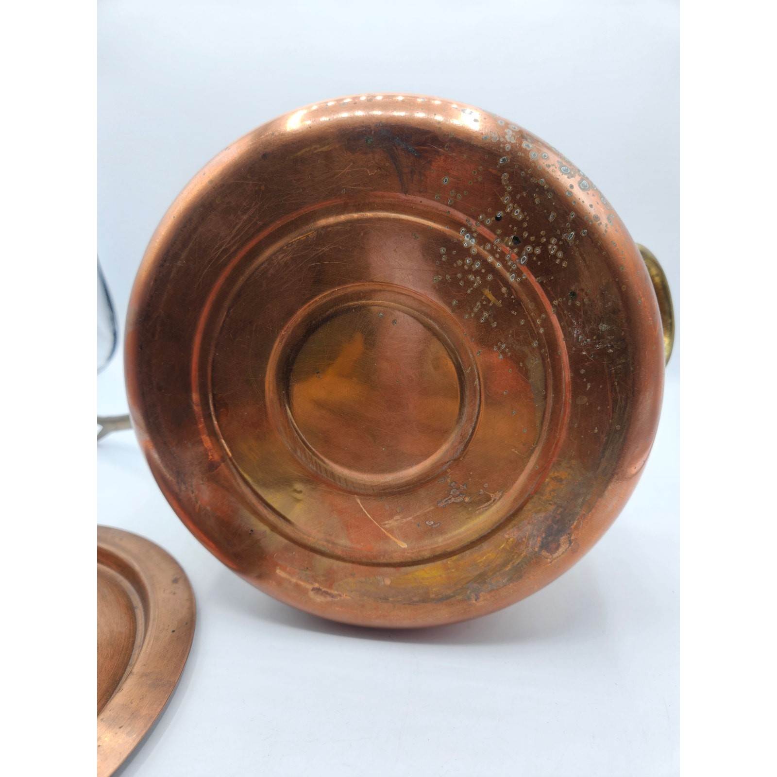 Vintage Hand Hammered Bombe Copper Saucepan Tin Lined Brass Handles 6.5″ Lid