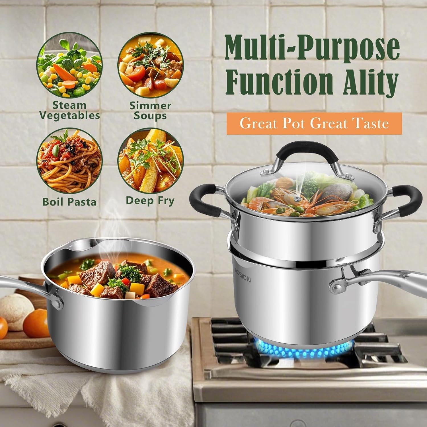 3.5Quart Stainless Steel Saucepan with Steamer Basket,Small Pots for Cooking